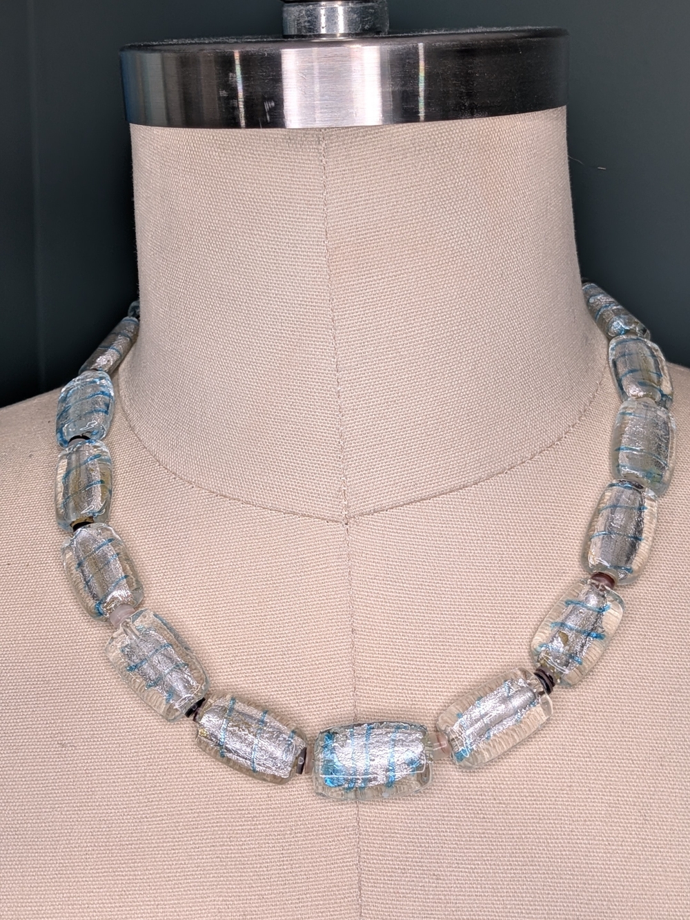 Vintage Murano Style Venetian Silver Foil Blue Glass Barrel Bead Necklace